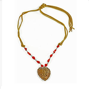 NWT Brass Goddess Heart with Red Coral & Leather